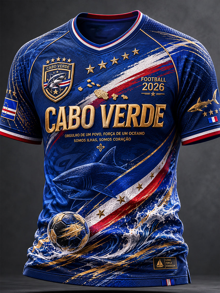 Camiseta masculina de futebol de Cabo Verde com gola em V