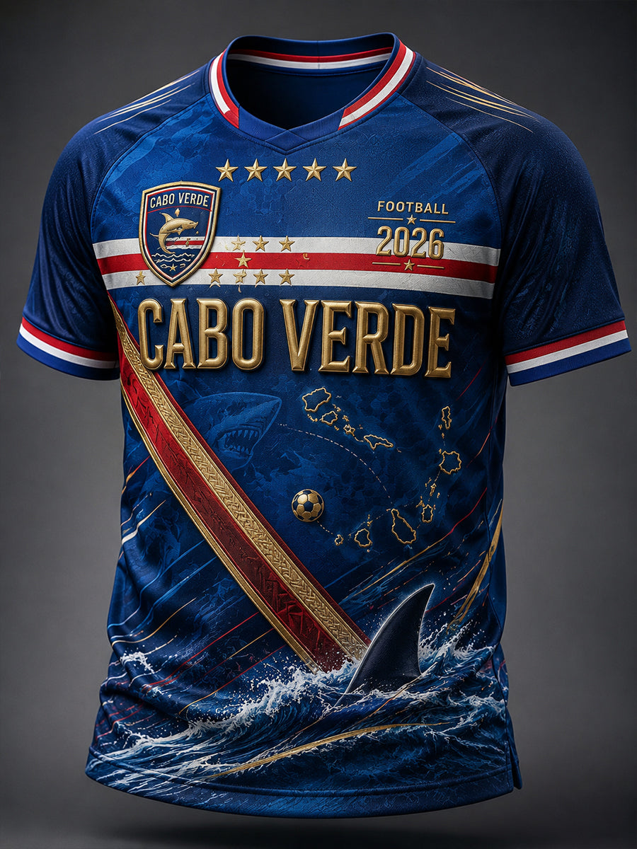 Camiseta masculina de futebol de Cabo Verde com gola em V
