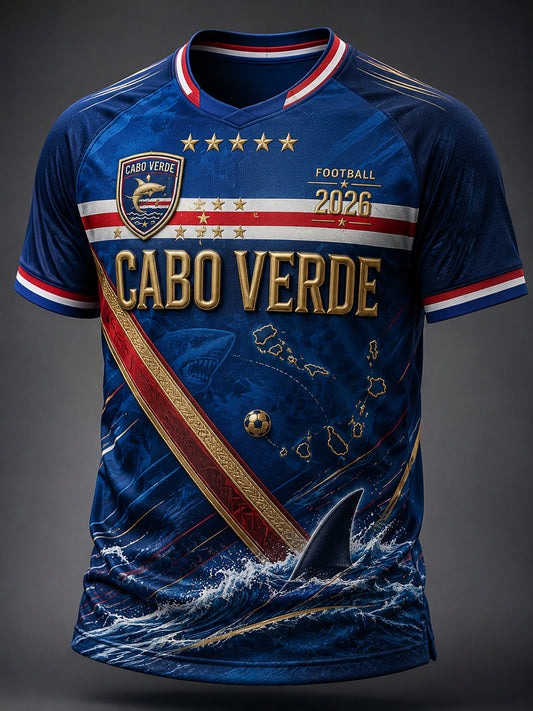 Camiseta masculina de futebol de Cabo Verde com gola em V