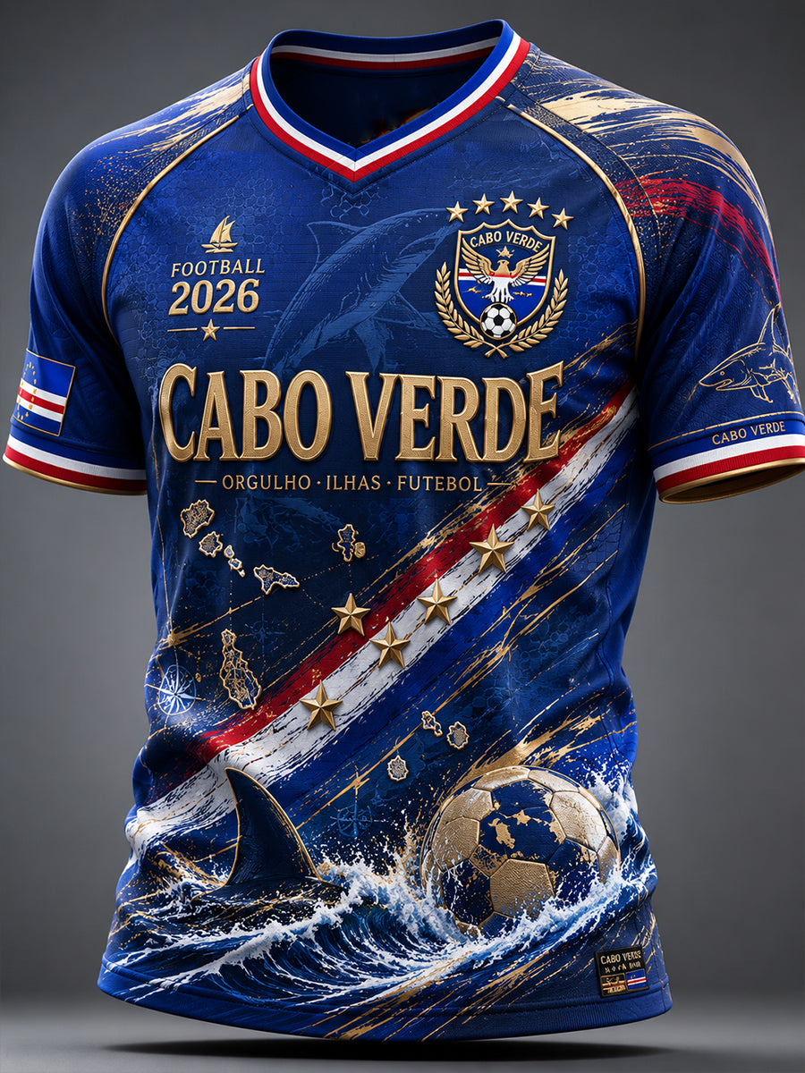 Camiseta masculina de futebol de Cabo Verde com gola em V