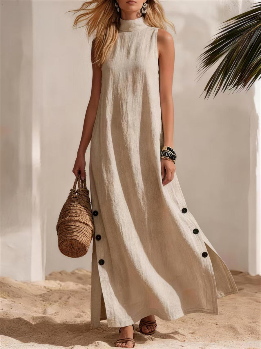 Casual pescoço simulado botão feminino para baixo lado fenda linho vestido maxi