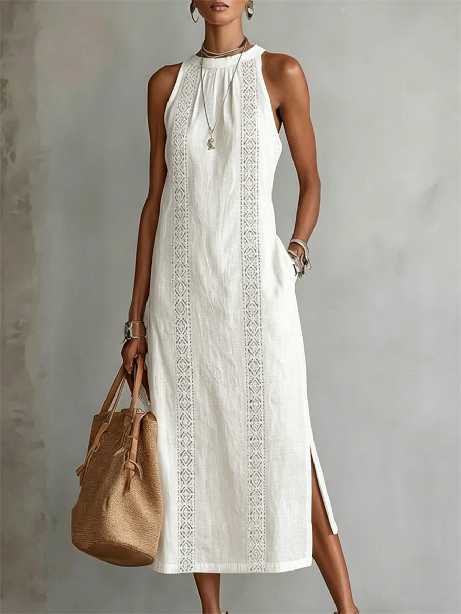 Simples elegante lado fenda mangas vestido Maxi linho das mulheres