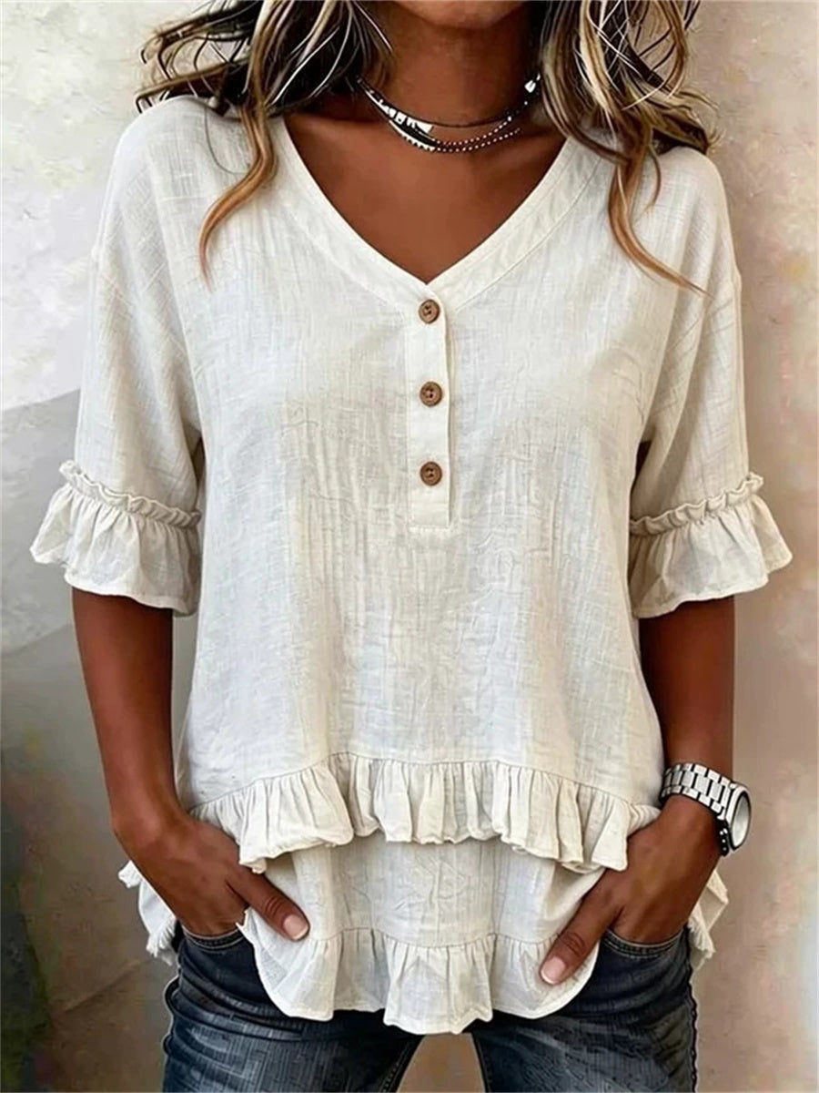 Camadas de plissado feminino aparar botão até V Neck camiseta de manga curta