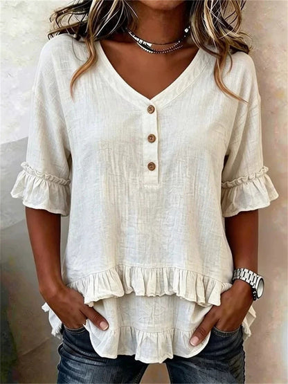 Camadas de plissado feminino aparar botão até V Neck camiseta de manga curta