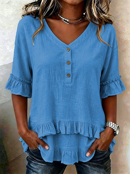 Camadas de plissado feminino aparar botão até V Neck camiseta de manga curta