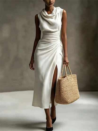 Elegante Cowl pescoço lado fenda Maxi vestido de linho feminino