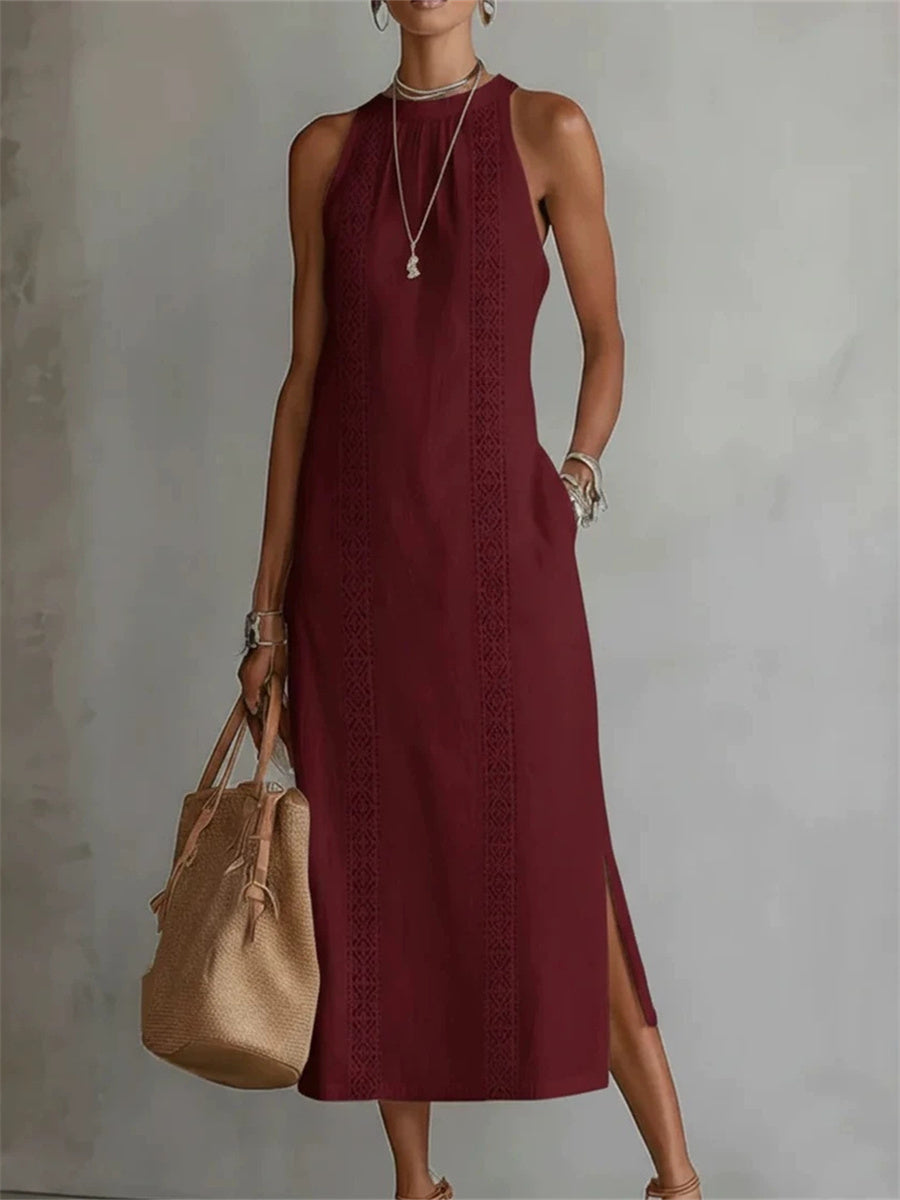 Simples elegante lado fenda mangas vestido Maxi linho das mulheres