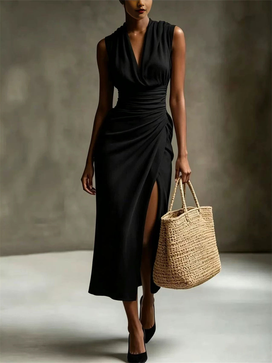 Elegante Cowl pescoço lado fenda Maxi vestido de linho feminino
