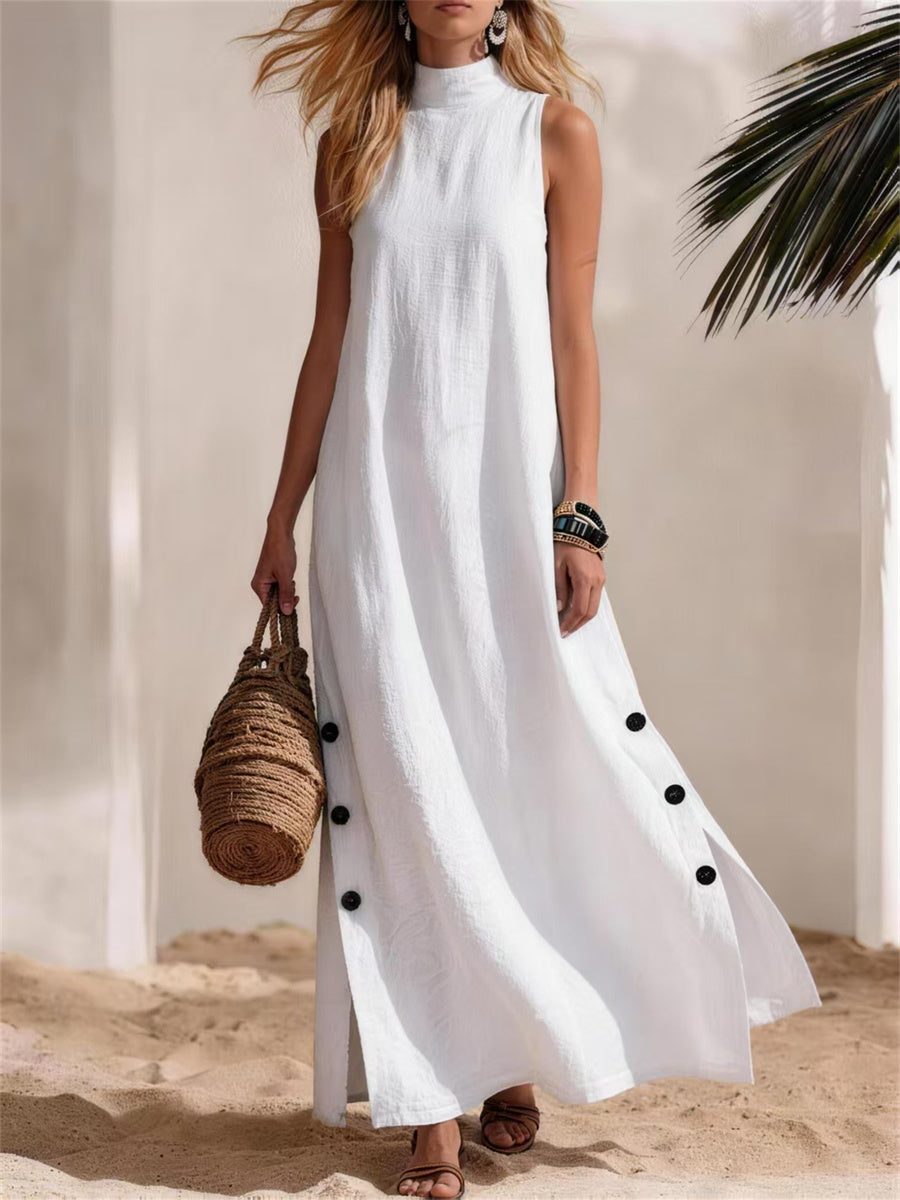 Casual pescoço simulado botão feminino para baixo lado fenda linho vestido maxi