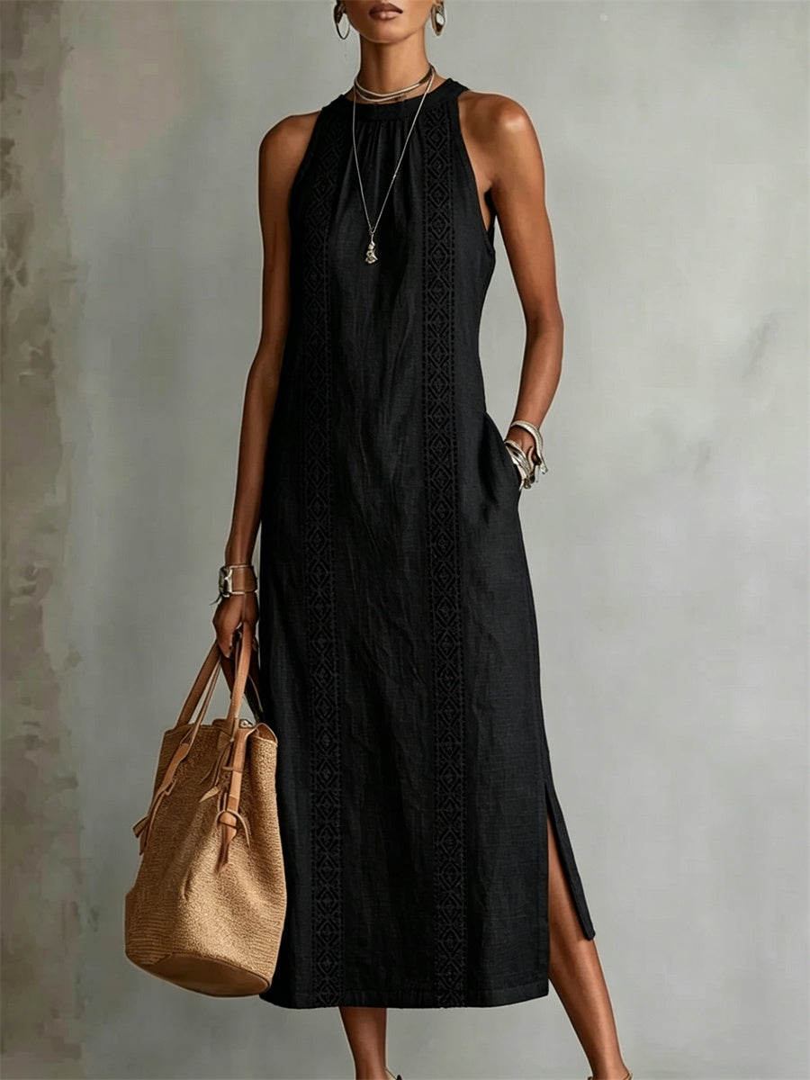 Simples elegante lado fenda mangas vestido Maxi linho das mulheres