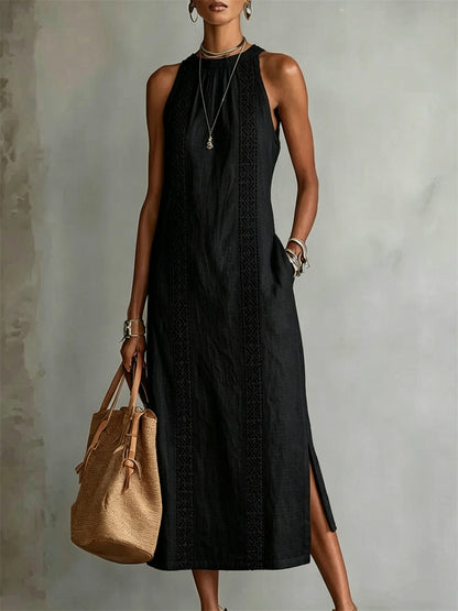 Simples elegante lado fenda mangas vestido Maxi linho das mulheres