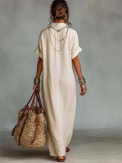 Flap bordado Vintage bolso feminino manga curta vestido de linho Maxi