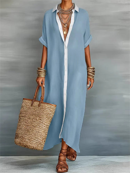Simples contraste cor Placket Flowy manga curta Maxi camisa vestido das mulheres