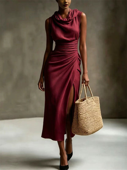 Elegante Cowl pescoço lado fenda Maxi vestido de linho feminino