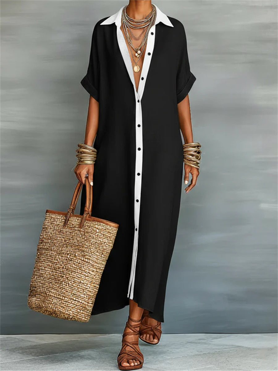 Simples contraste cor Placket Flowy manga curta Maxi camisa vestido das mulheres