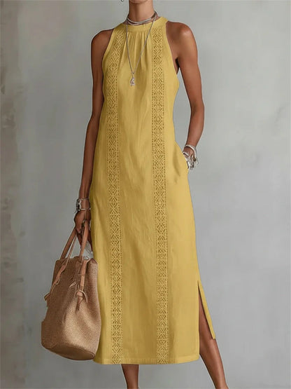 Simples elegante lado fenda mangas vestido Maxi linho das mulheres