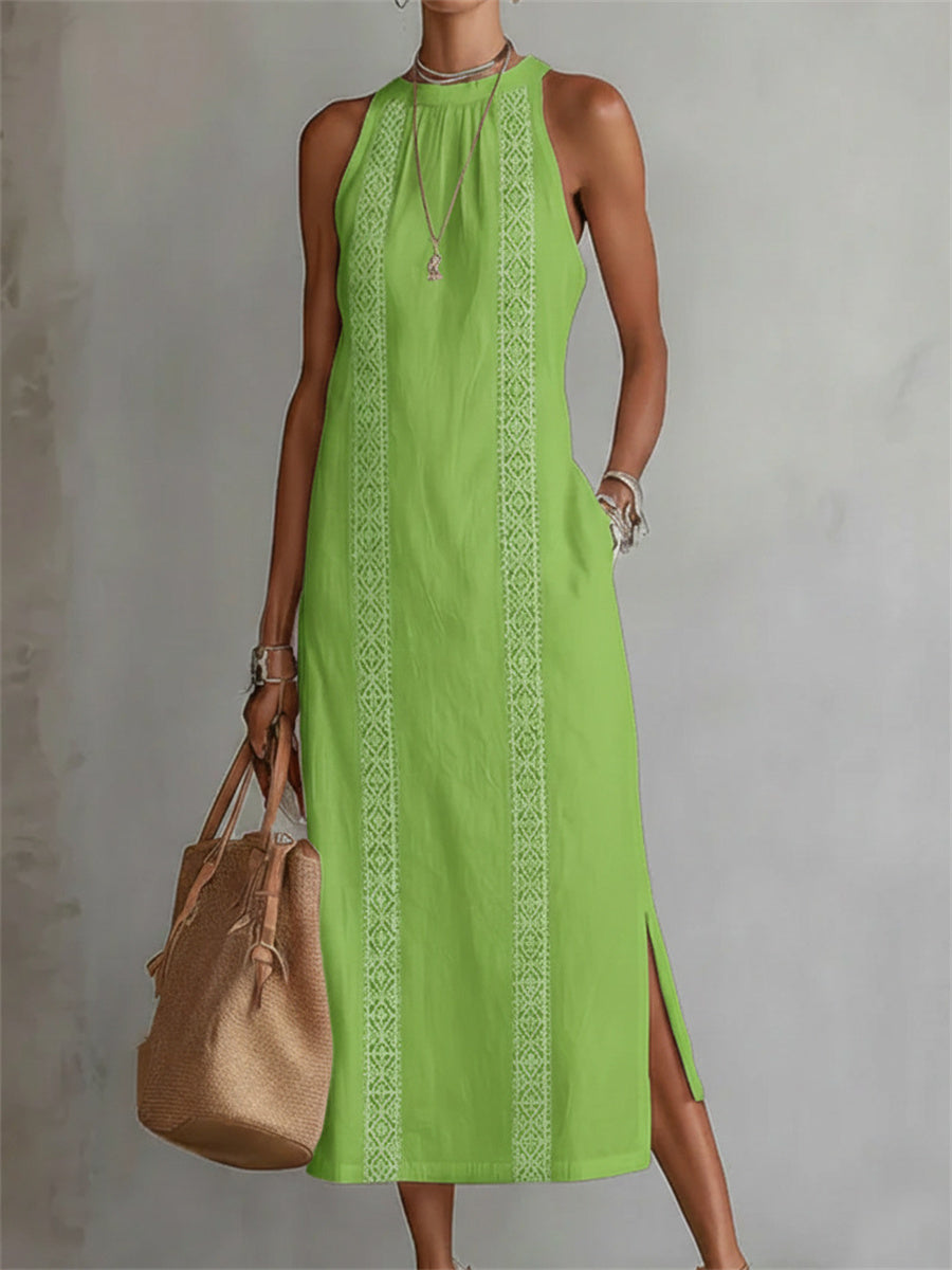 Simples elegante lado fenda mangas vestido Maxi linho das mulheres