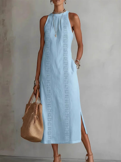 Simples elegante lado fenda mangas vestido Maxi linho das mulheres