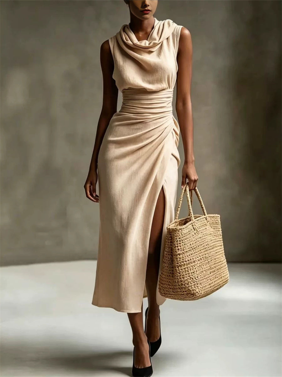Elegante Cowl pescoço lado fenda Maxi vestido de linho feminino