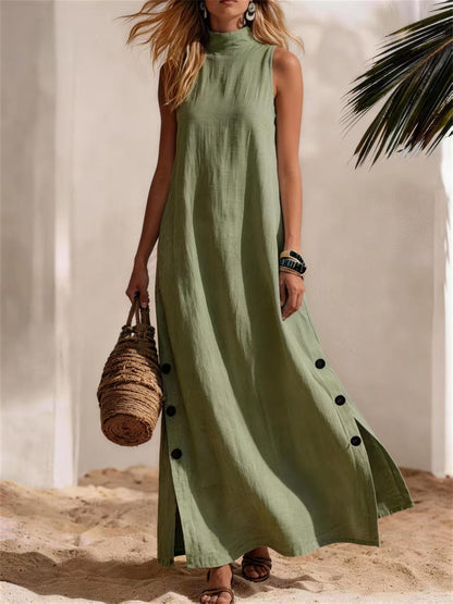 Casual pescoço simulado botão feminino para baixo lado fenda linho vestido maxi