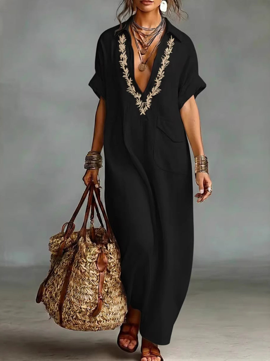 Flap bordado Vintage bolso feminino manga curta vestido de linho Maxi