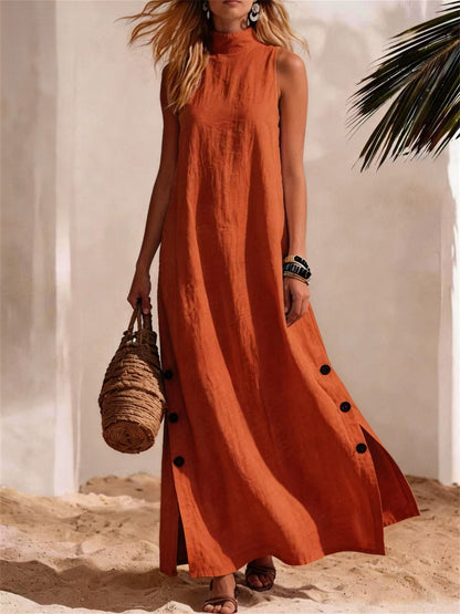 Casual pescoço simulado botão feminino para baixo lado fenda linho vestido maxi
