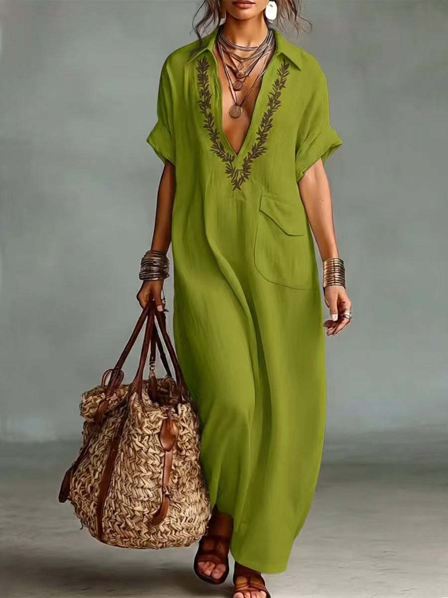 Flap bordado Vintage bolso feminino manga curta vestido de linho Maxi