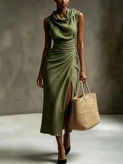 Elegante Cowl pescoço lado fenda Maxi vestido de linho feminino