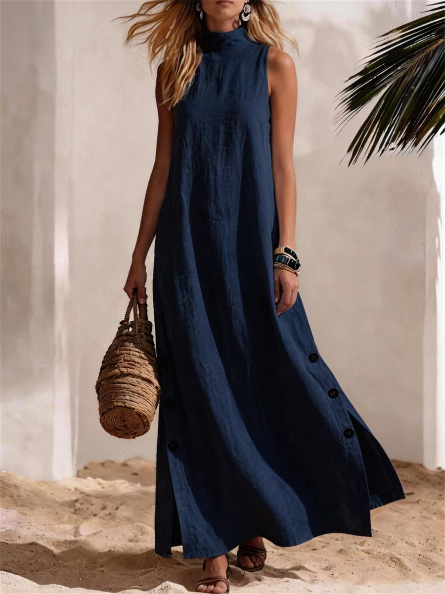 Casual pescoço simulado botão feminino para baixo lado fenda linho vestido maxi