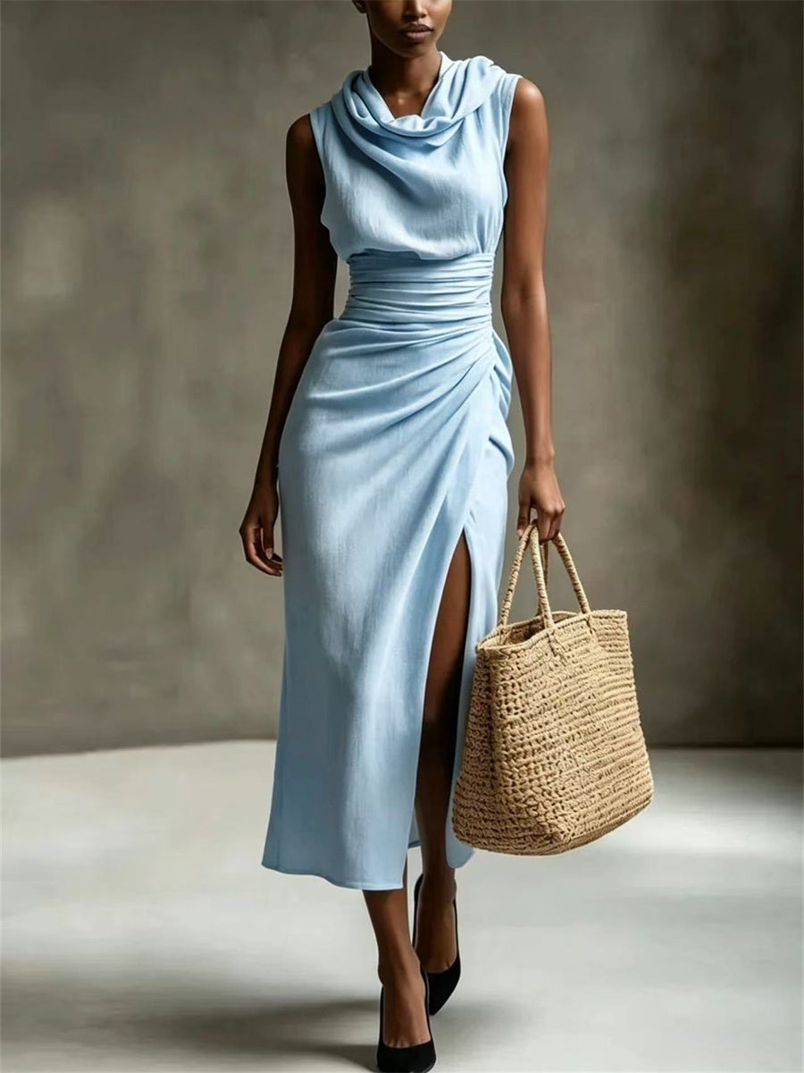 Elegante Cowl pescoço lado fenda Maxi vestido de linho feminino