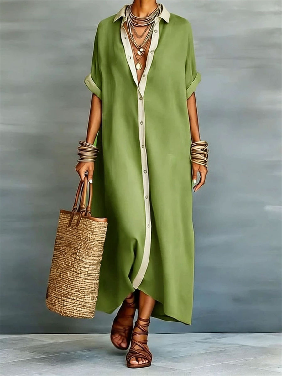 Simples contraste cor Placket Flowy manga curta Maxi camisa vestido das mulheres