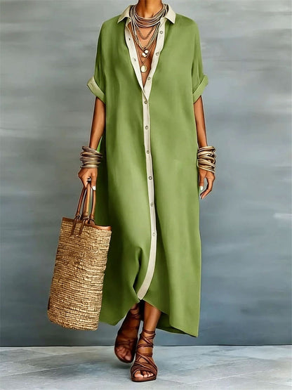 Simples contraste cor Placket Flowy manga curta Maxi camisa vestido das mulheres