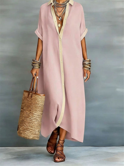 Simples contraste cor Placket Flowy manga curta Maxi camisa vestido das mulheres