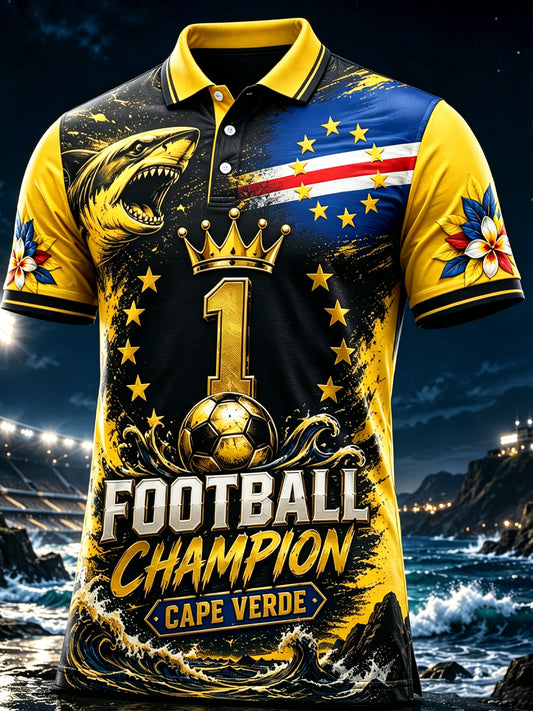 Camisa polo com estampa artística de elemento de torcida para jogos de futebol de Cabo Verde, masculina