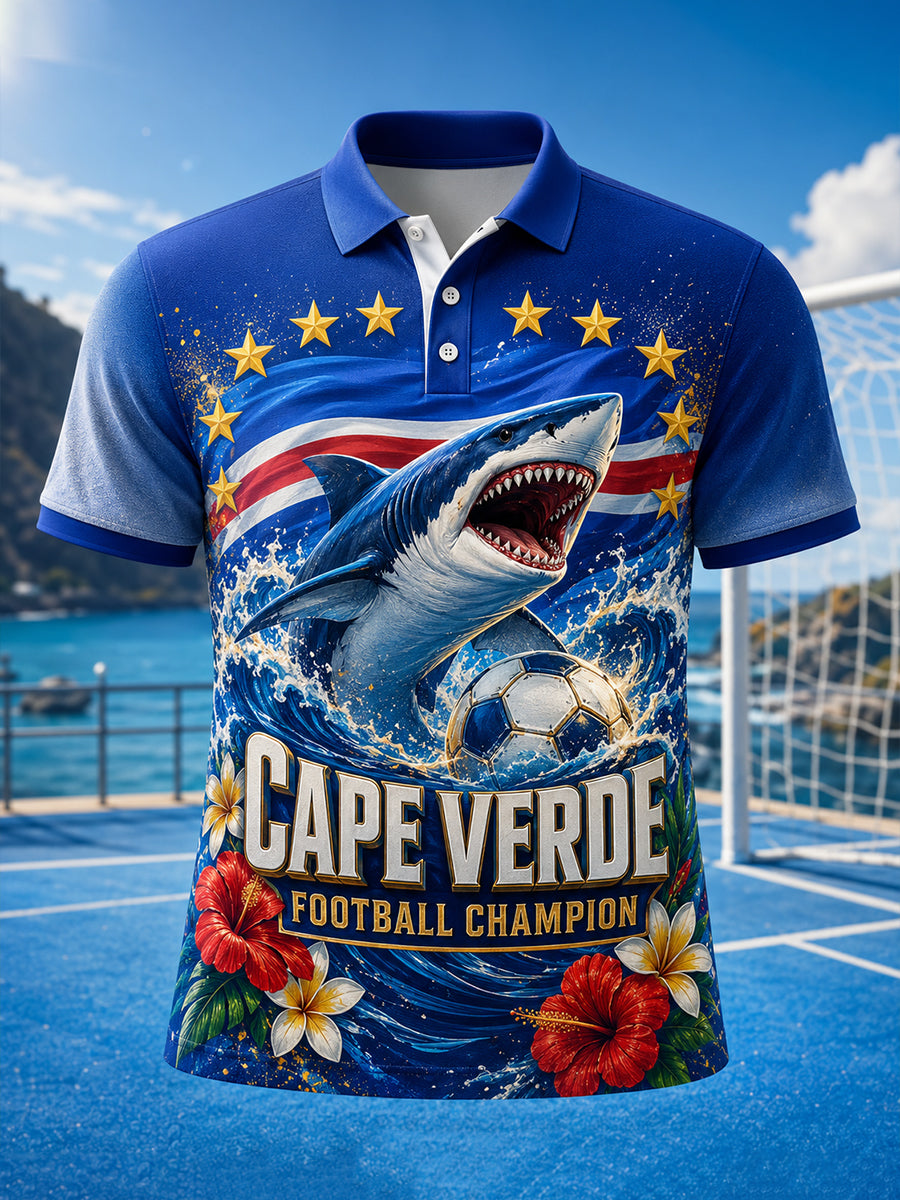 Camisa polo com estampa artística de elemento de torcida para jogos de futebol de Cabo Verde, masculina