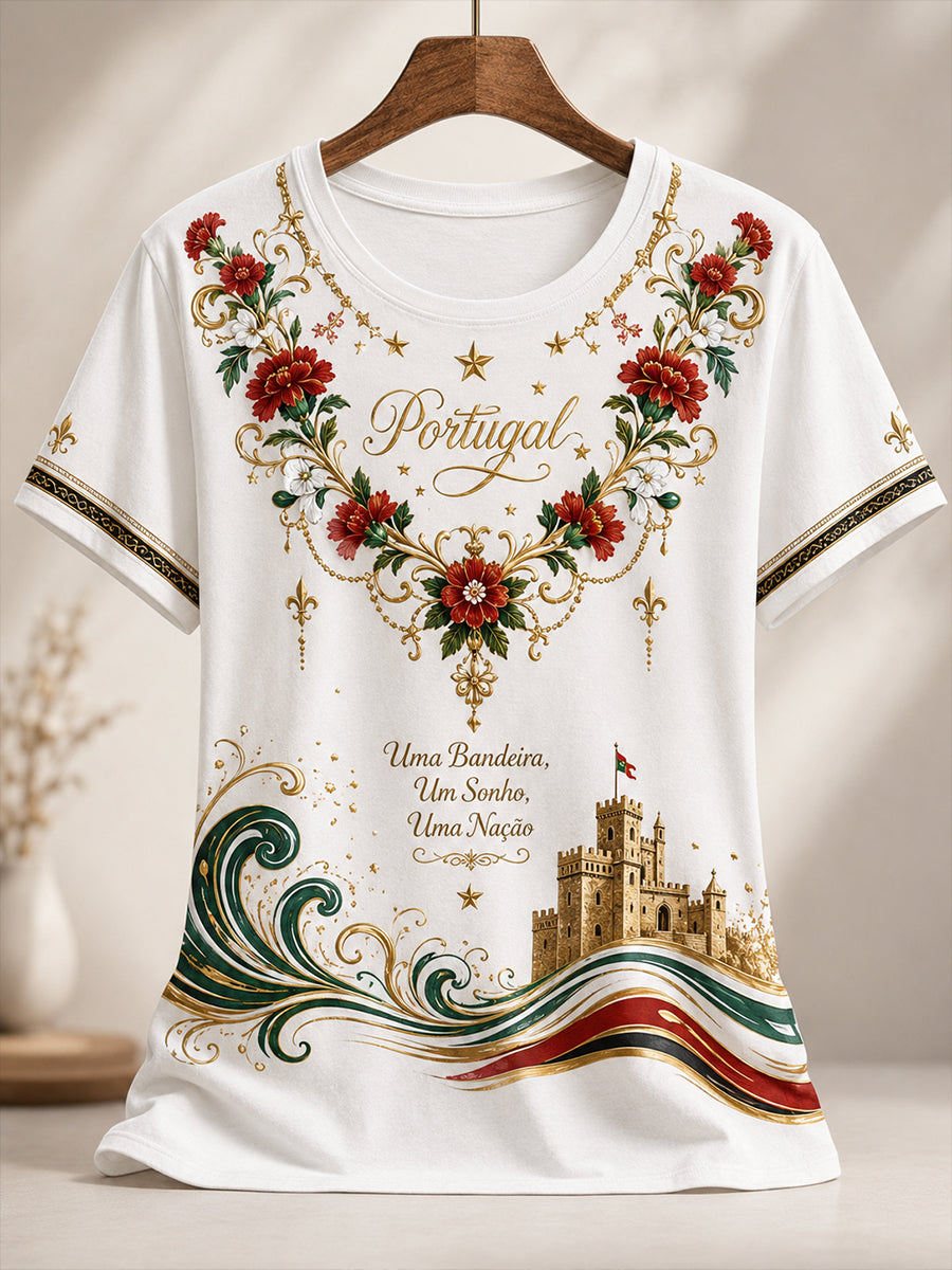 Camiseta com estampa artística de apoio à seleção feminina de futebol de Portugal
