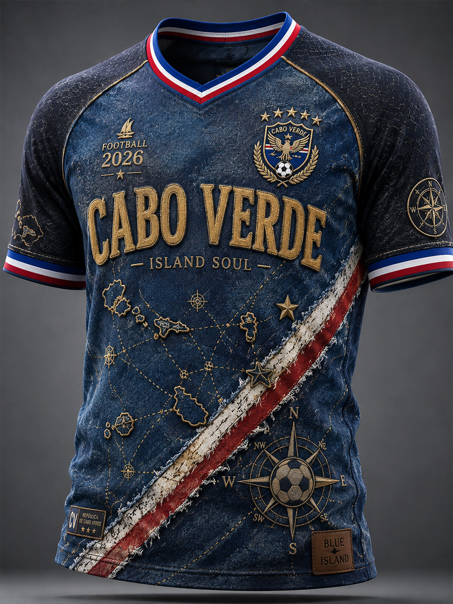 Camiseta masculina de futebol de Cabo Verde com gola em V