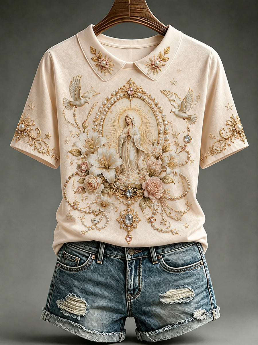 Camiseta feminina com estampa da Assunção de Maria, falsa de duas peças, com gola