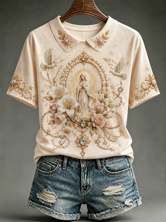 Camiseta feminina com estampa da Assunção de Maria, falsa de duas peças, com gola