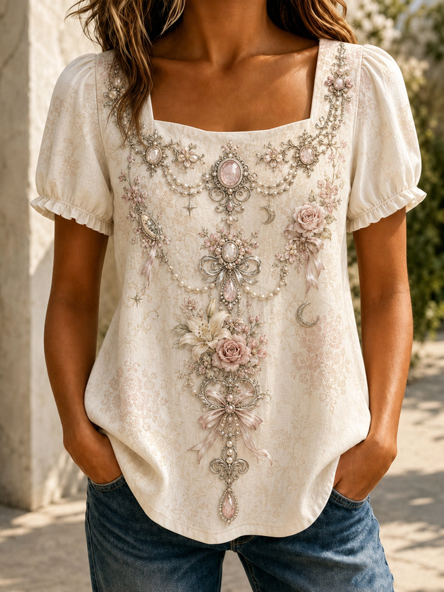 Camisa estampada da Assunção de Maria das mulheres