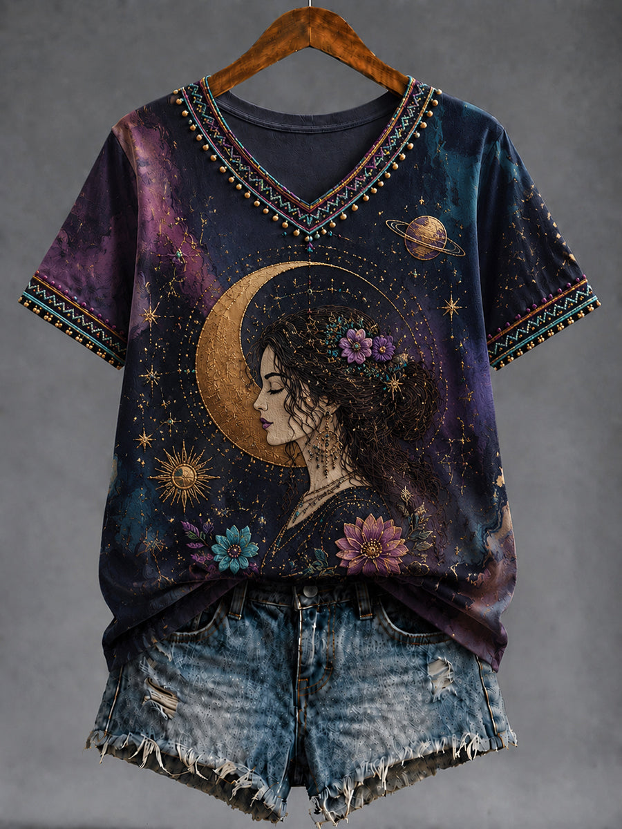 Retro Zodíaco arte Casual camiseta V-Neck das mulheres