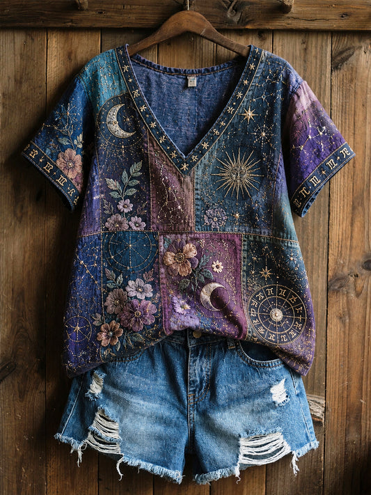 Camiseta retro do algodão-linho do algodão “arte cura” floral do zodíaco