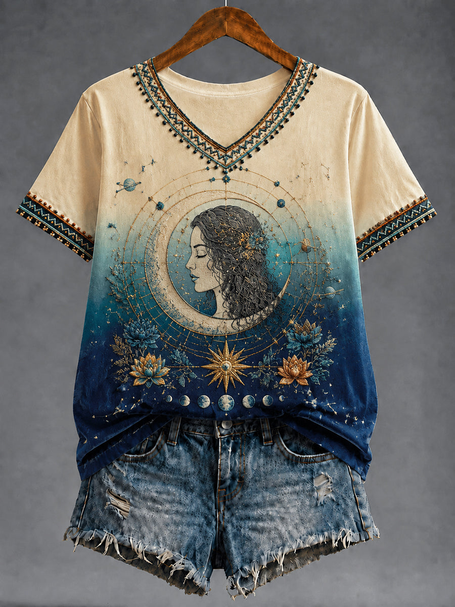 Retro zodíaco arte gradiente feminino Casual v-Neck t-shirt