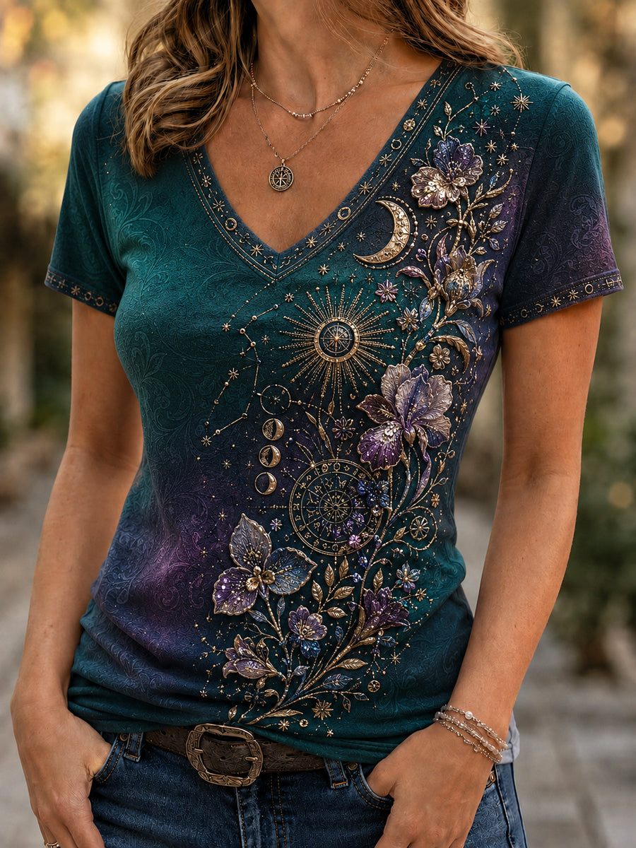 Camiseta Casual retro do zodíaco arte floral das mulheres