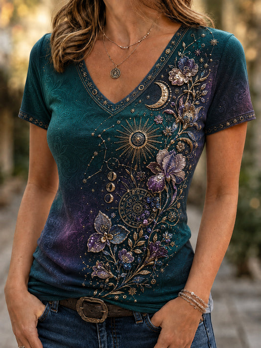 Camiseta Casual retro do zodíaco arte floral das mulheres