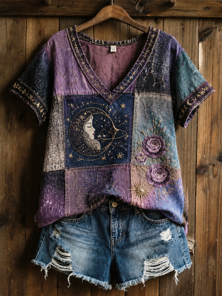 Camiseta De Linho De Algodão Casual Patchwork Floral Retro Zodiac