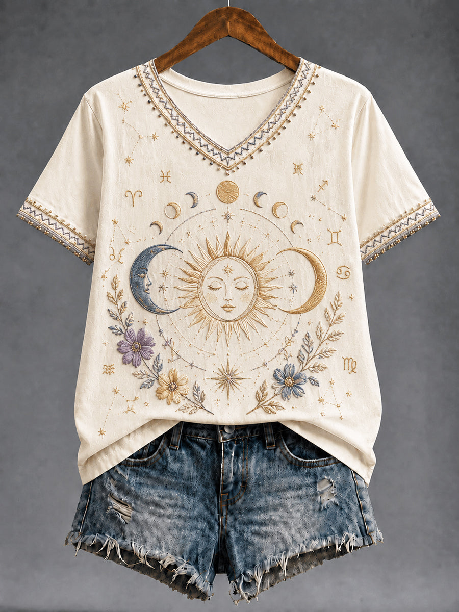 Camiseta retro do V-Neck Casual clássico do zodíaco das mulheres