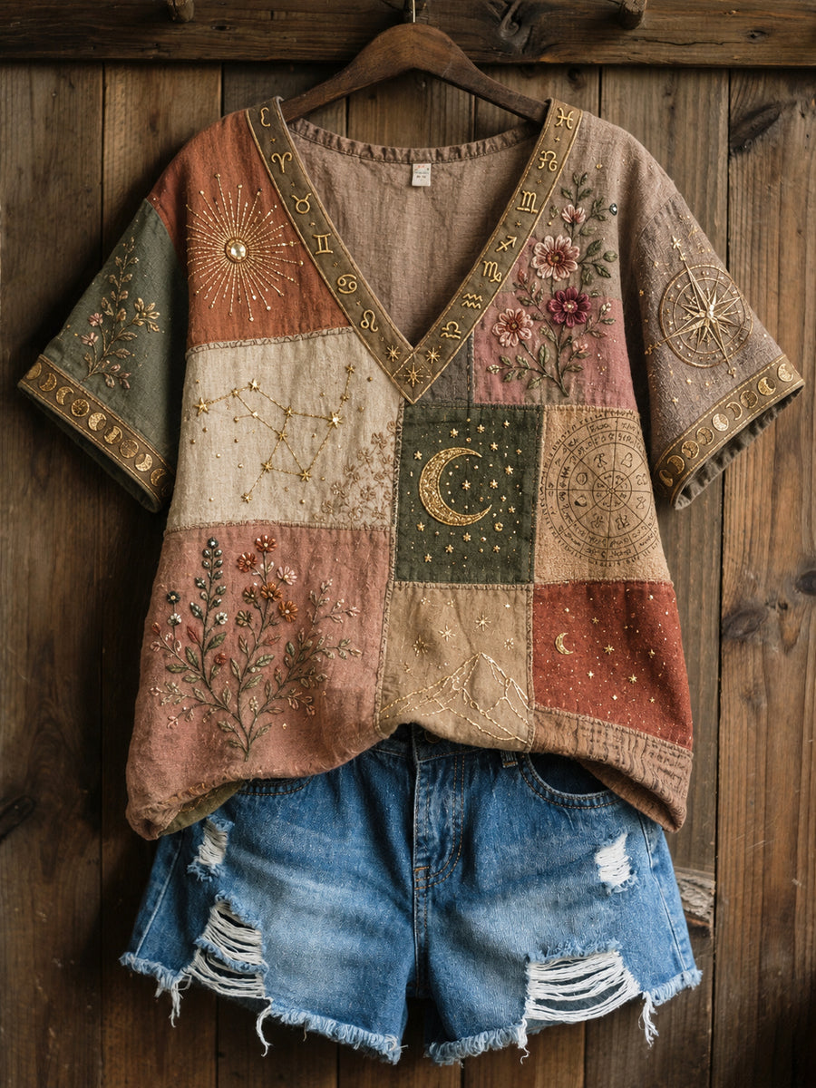 Arte vintage zodíaco patchwork floral casual algodão-linho t-shirt
