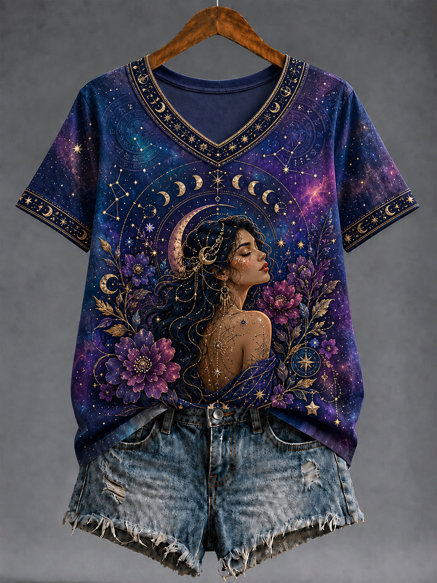 Céu estrelado retro zodíaco clássico casual camiseta com decote em v feminino