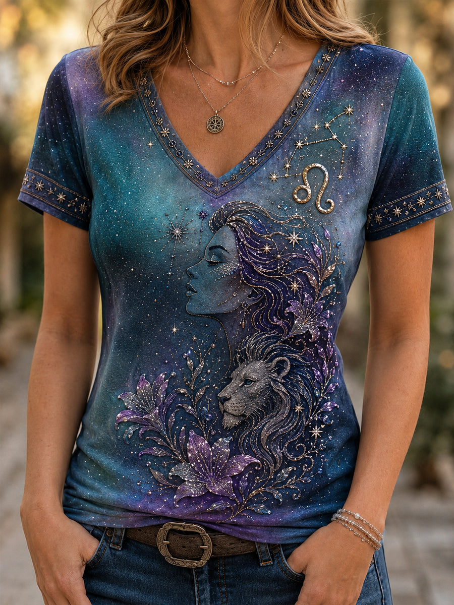 Camiseta Casual Retro Astrologia Leo Floral Decote Em V feminino